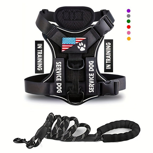 Service Dog Harness, Reflective Dog Vest Harness With 5 PCS Patches, Adjustable Soft Oxford Pet Harness, Inner Layer Mesh, Easy To Control For Small Medium Large Dogs With 59inch Traction Rope