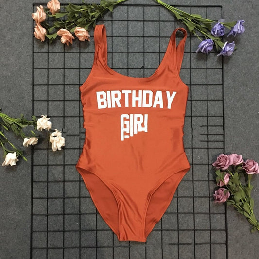 Solid Color BIRTHDAY GIRL Letter Printed One-piece Swimsuit
