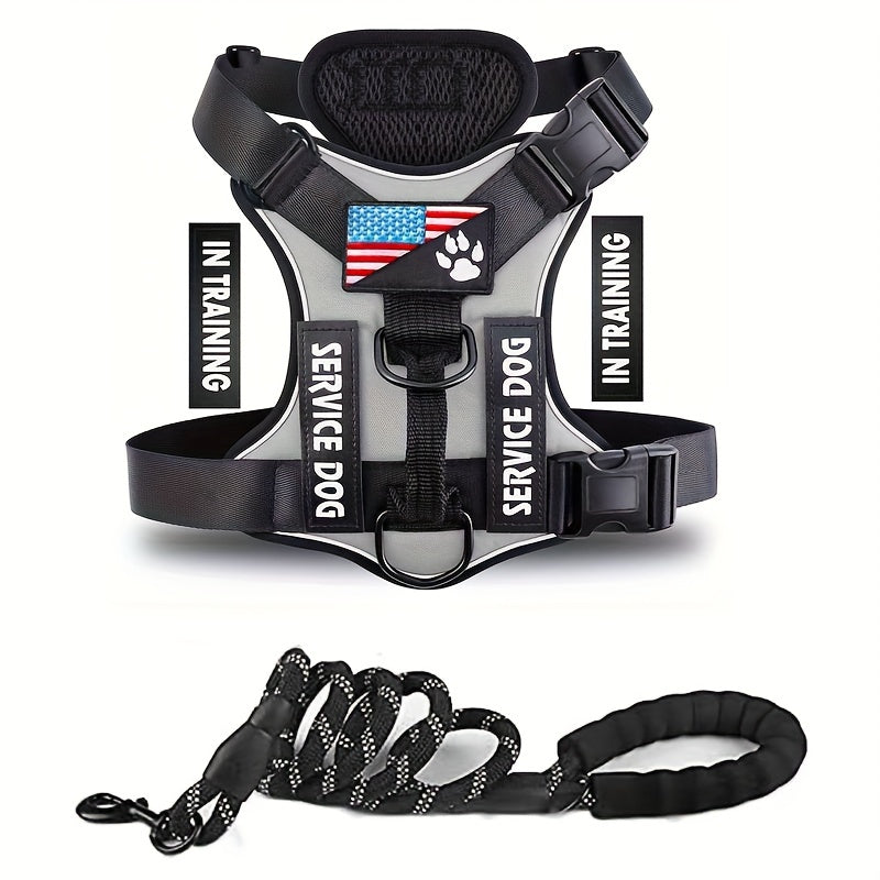 Service Dog Harness, Reflective Dog Vest Harness With 5 PCS Patches, Adjustable Soft Oxford Pet Harness, Inner Layer Mesh, Easy To Control For Small Medium Large Dogs With 59inch Traction Rope