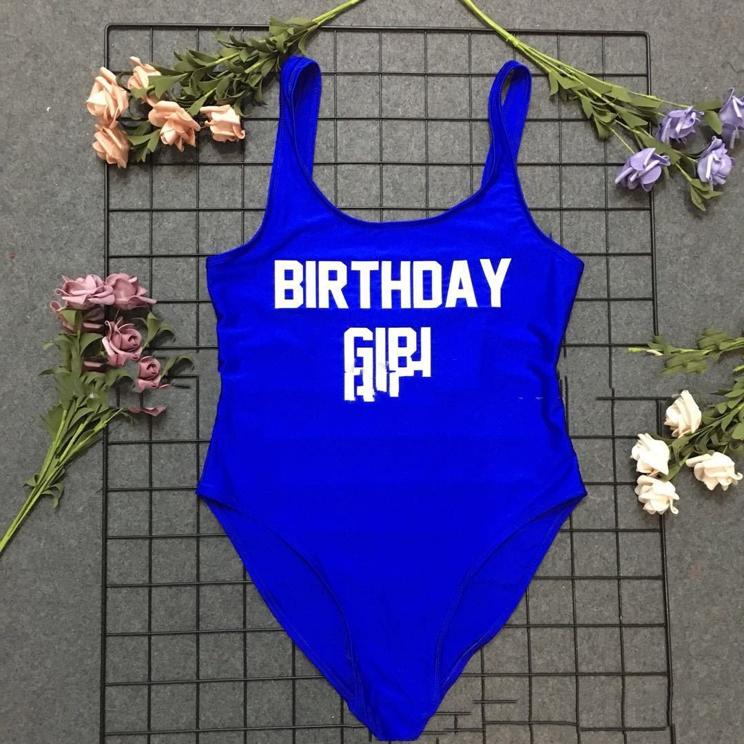 Solid Color BIRTHDAY GIRL Letter Printed One-piece Swimsuit