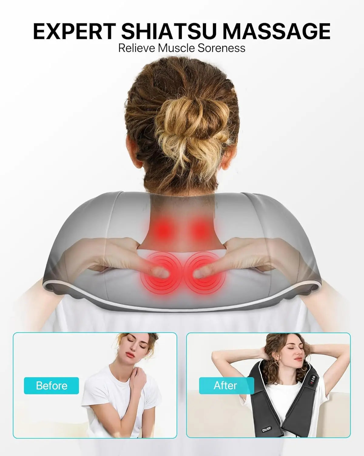 Masseur Shiatsu pour le cou et les épaules, masseur chauffant pour le dos, oreiller de massage électrique en forme de U à pétrissage profond pour le cou, la taille, les jambes et le corps