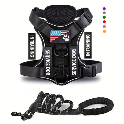 Service Dog Harness, Reflective Dog Vest Harness With 5 PCS Patches, Adjustable Soft Oxford Pet Harness, Inner Layer Mesh, Easy To Control For Small Medium Large Dogs With 59inch Traction Rope