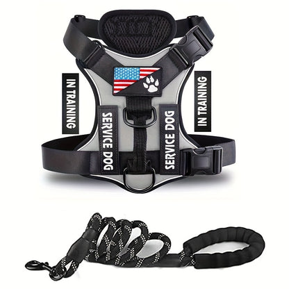 Service Dog Harness, Reflective Dog Vest Harness With 5 PCS Patches, Adjustable Soft Oxford Pet Harness, Inner Layer Mesh, Easy To Control For Small Medium Large Dogs With 59inch Traction Rope