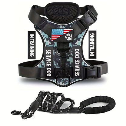 Service Dog Harness, Reflective Dog Vest Harness With 5 PCS Patches, Adjustable Soft Oxford Pet Harness, Inner Layer Mesh, Easy To Control For Small Medium Large Dogs With 59inch Traction Rope