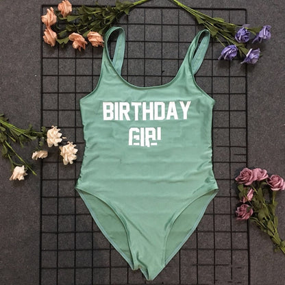 Solid Color BIRTHDAY GIRL Letter Printed One-piece Swimsuit