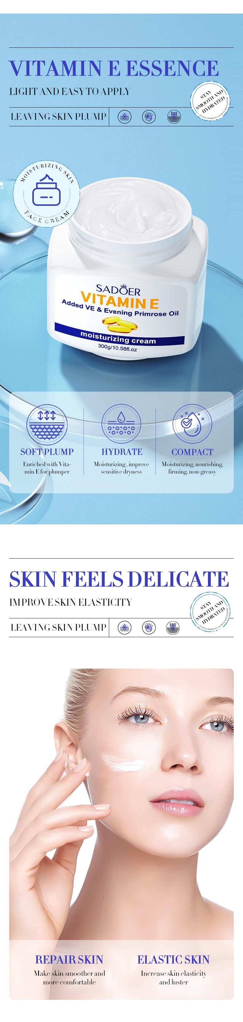 Vitamin E Face Cream Large Bottle 300g Daily Facial Repair Moisturizing Cream Skincare Moisturizer Safe for Sensitive Skin Care