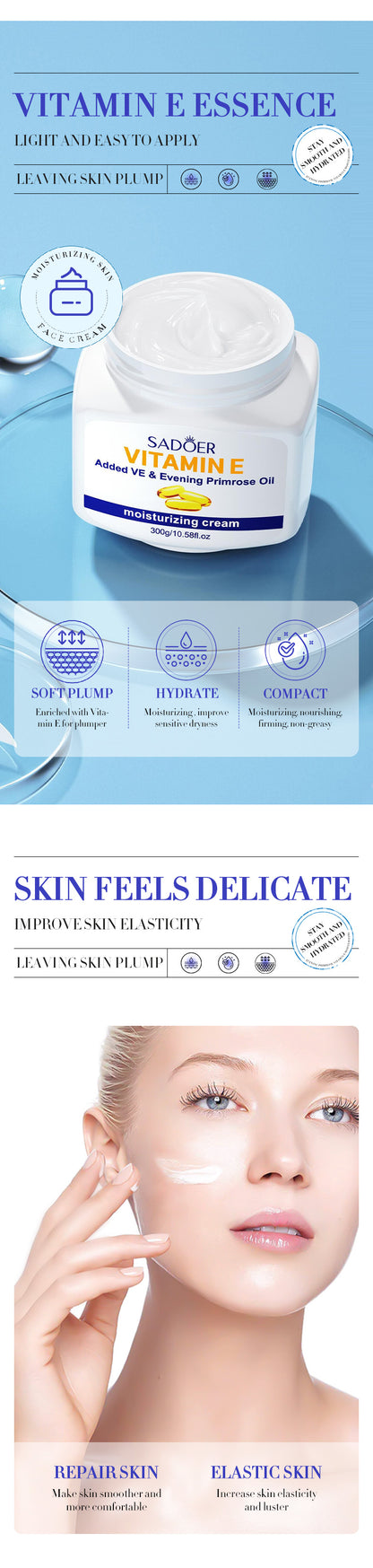 Vitamin E Face Cream Large Bottle 300g Daily Facial Repair Moisturizing Cream Skincare Moisturizer Safe for Sensitive Skin Care