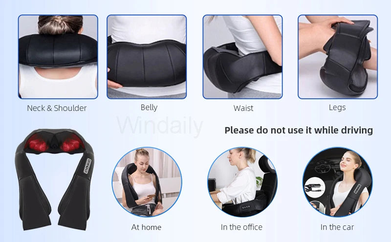Shiatsu Neck and Shoulder Massager Heated Back Massager U Shape Deep Kneading Electric Massage Pillow For Neck Waist Leg Body