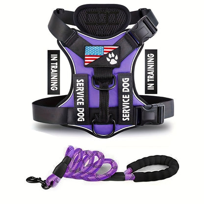 Service Dog Harness, Reflective Dog Vest Harness With 5 PCS Patches, Adjustable Soft Oxford Pet Harness, Inner Layer Mesh, Easy To Control For Small Medium Large Dogs With 59inch Traction Rope