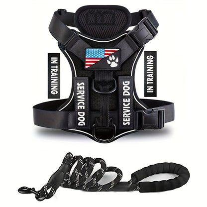 Service Dog Harness, Reflective Dog Vest Harness With 5 PCS Patches, Adjustable Soft Oxford Pet Harness, Inner Layer Mesh, Easy To Control For Small Medium Large Dogs With 59inch Traction Rope
